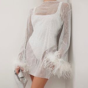 Heiress Beverly Hills: White Crystal Embellished Feather Trim Mini Dress